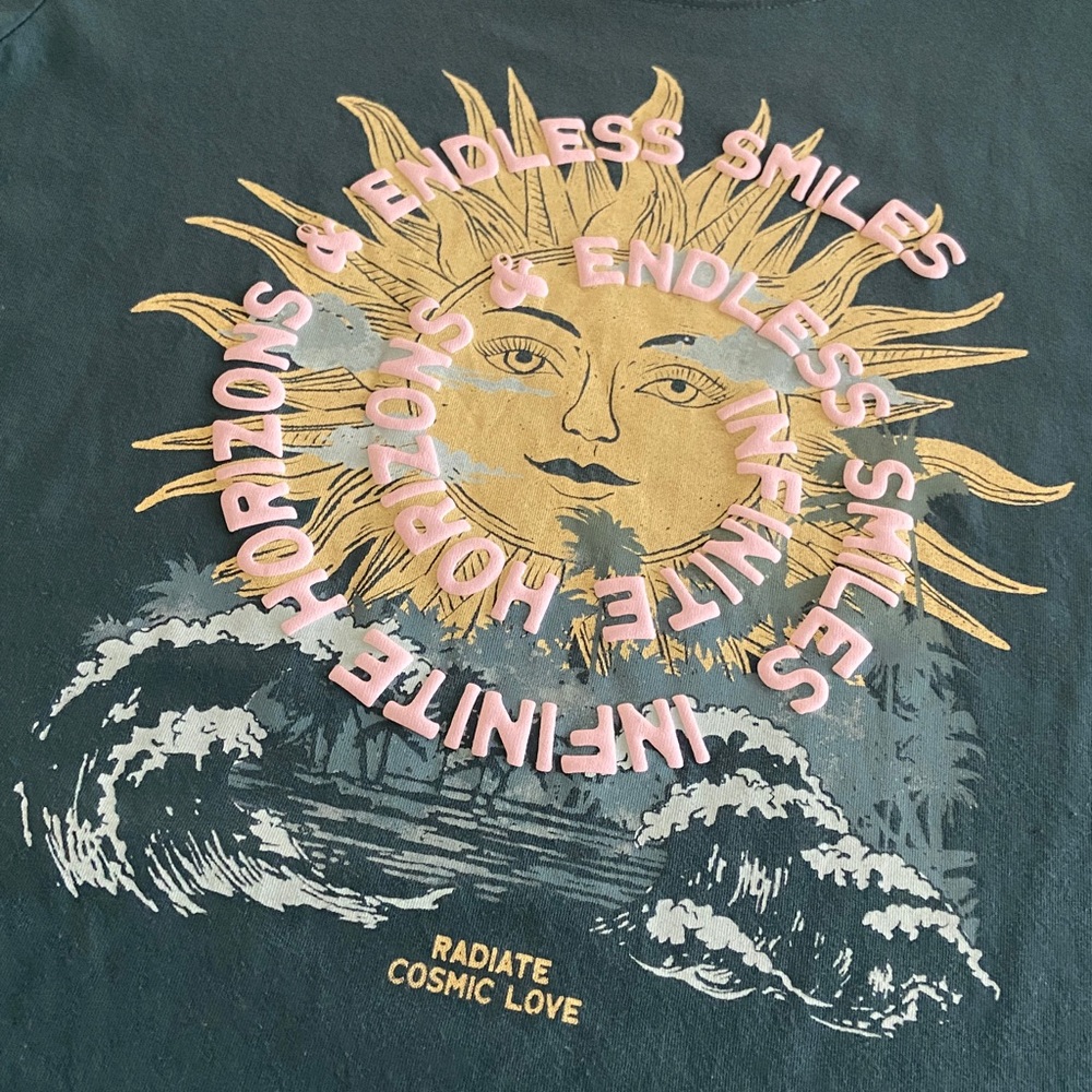 Cold Crush Teal Tee with Gold Sun and Pink Script, size Small - Picture 3 of 9